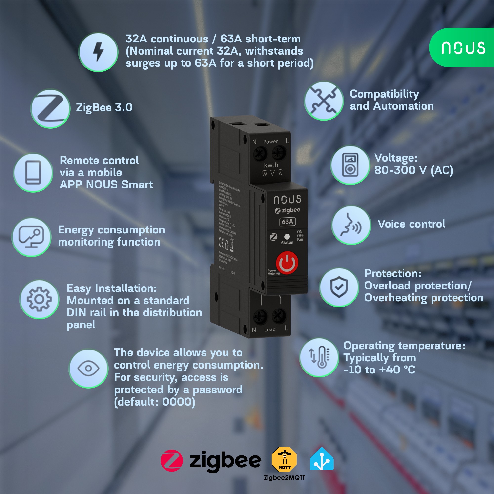 Module ON/OFF Zigbee 3.0 Rail DIN 63A - NOUS D5Z